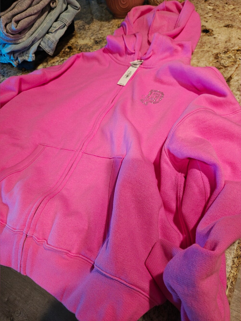 PINK Victoria's Secret Bright Pink Full-Zip Hoodie with Rhinestone Logo